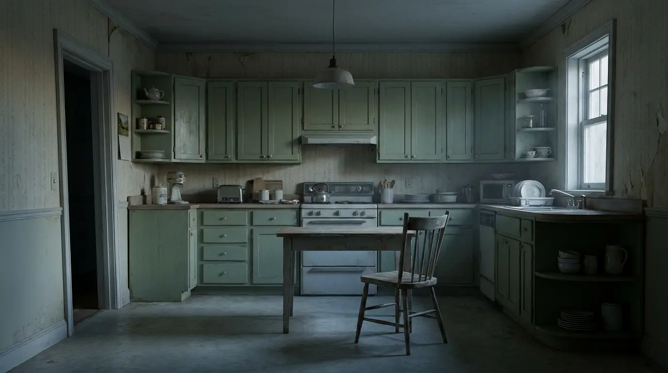 Childhood home kitchen with one empty chair in a recurring dream about memory and absence