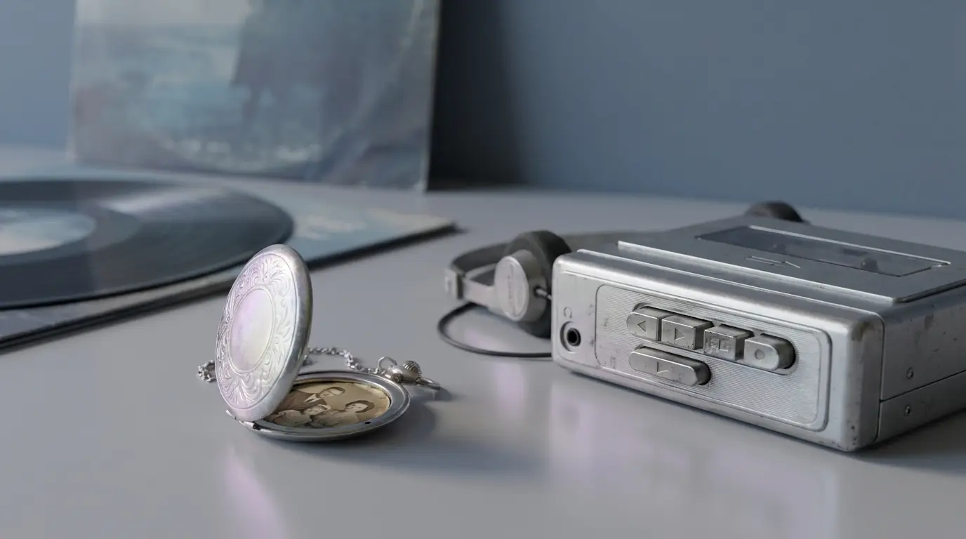silver locket beside an old music player representing symbolic signs from a deceased loved one