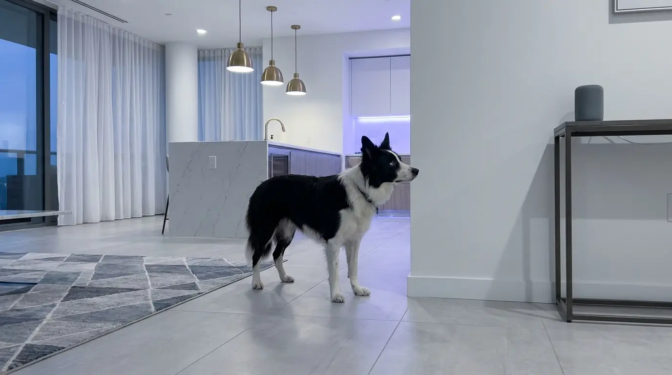 dog alert and focused staring at an empty wall corner in a contemporary apartment with modern decor and soft LED lighting