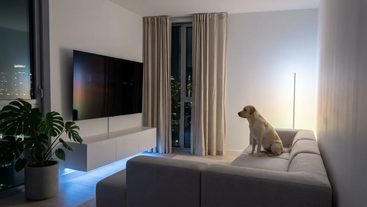 dog sitting quietly at night staring at an empty corner in a modern home with ambient smart lighting and contemporary furniture