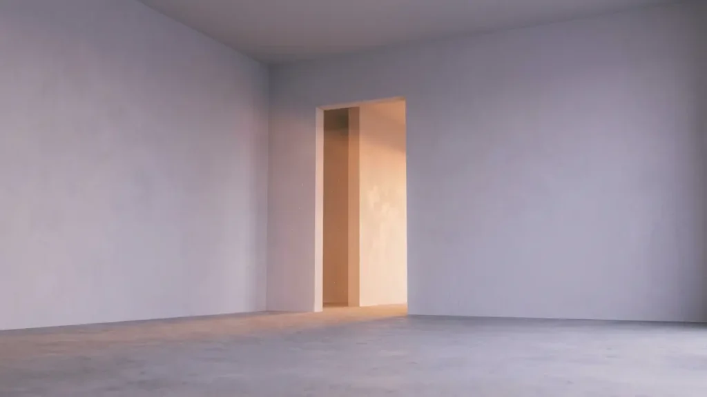 empty doorway with diffused pale violet light suggesting inner void during spiritual transition
