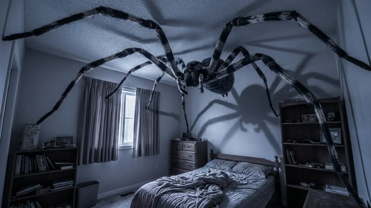giant spider watching from a bedroom ceiling in a dream, showing symbolic pressure architecture