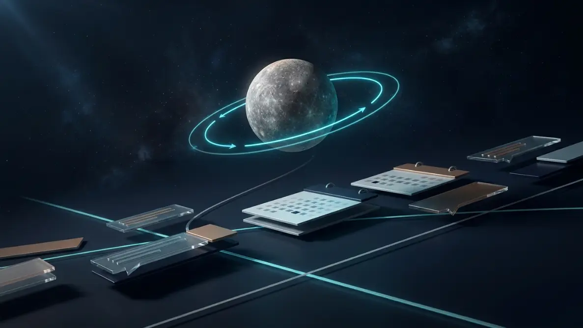 planet Mercury above calendar shapes and digital message fragments, symbolizing mercury retrograde as a symbolic timing lens