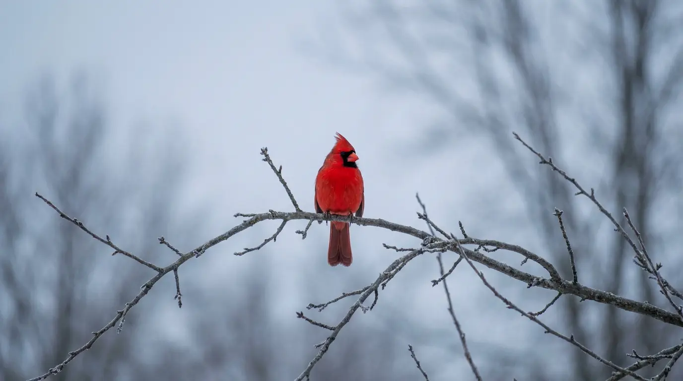 red cardinal standing on snow-covered ground with muted gray winter background, representing grief and heightened color perception