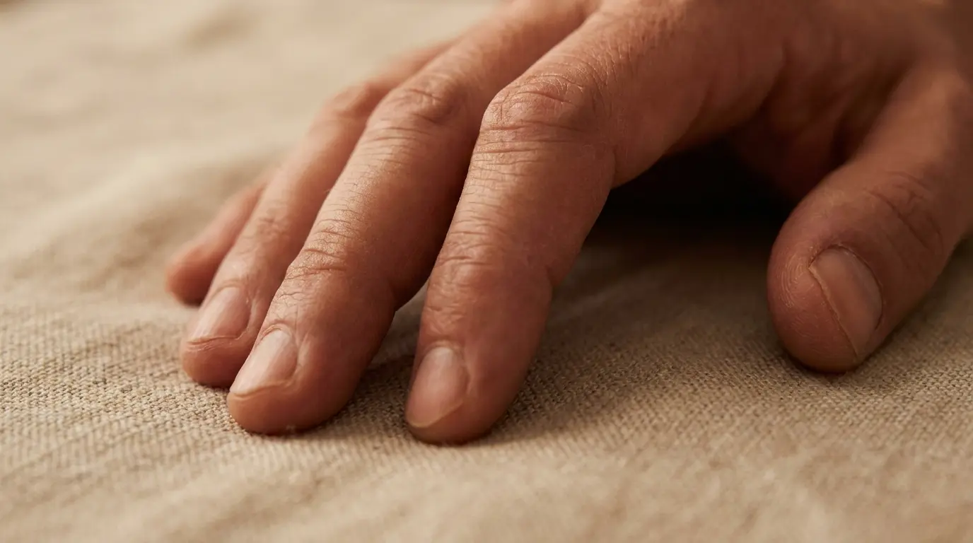 close-up of a trembling hand resting on a neutral surface with warm diffused lighting symbolizing emotional release after breakup