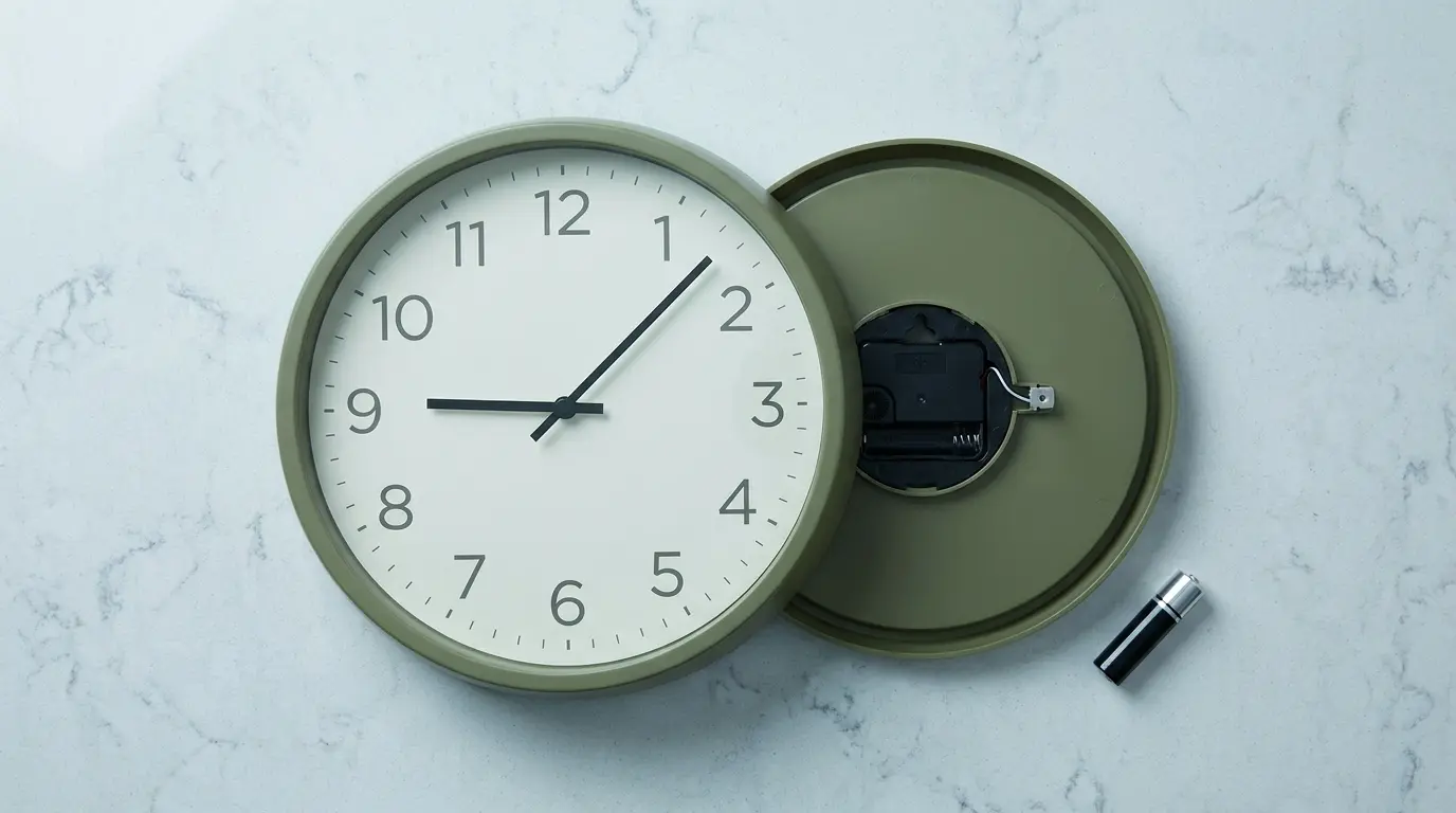 Stopped analog clock with open battery compartment suggesting practical and symbolic meaning of a frozen time