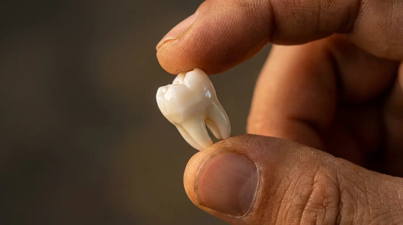 a single loose tooth held between two fingers against a dark brown blurred background, representing the visceral experience of the teeth falling out dream