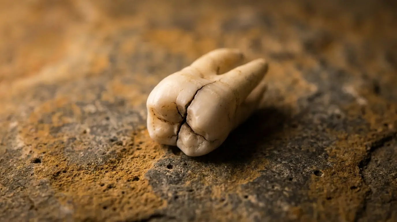 a cracked human molar on a dark textured surface with ochre tones and soft directional lighting, symbolizing the hidden fractures behind the teeth falling out dream