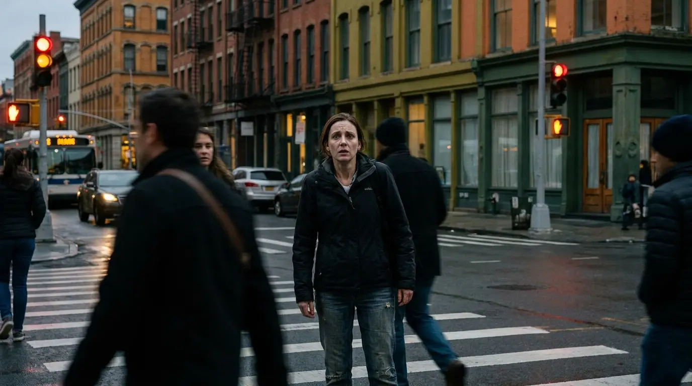 anxious adult woman standing frozen at a crosswalk while other people move around her, illustrating the meaning of dreaming of being chased but not being able to run