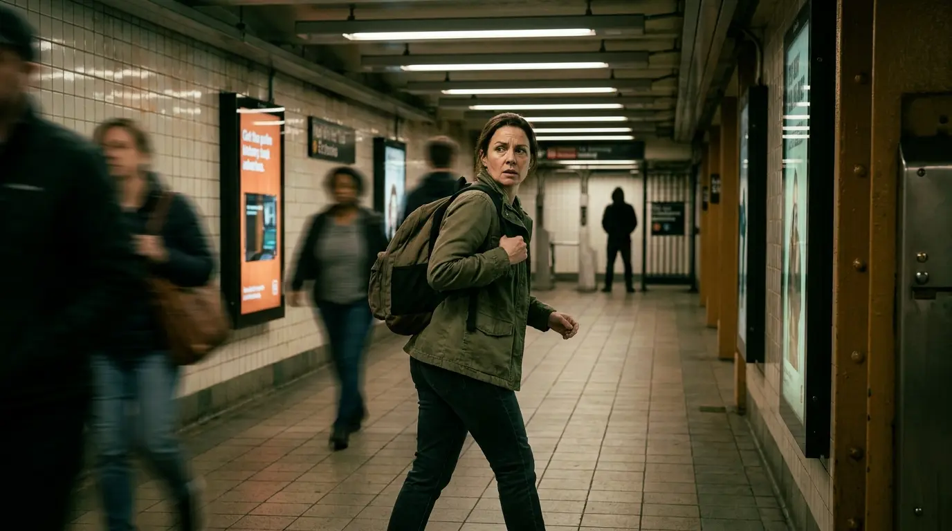 frightened adult woman frozen in motion inside a subway station while commuters move around her, representing a chase dream with paralysis