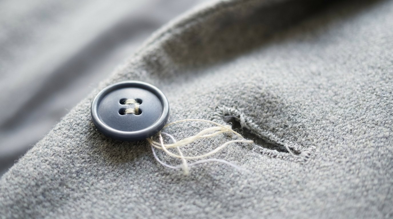 button with loose thread beside matching fabric showing finding a button spiritual meaning as reconnection