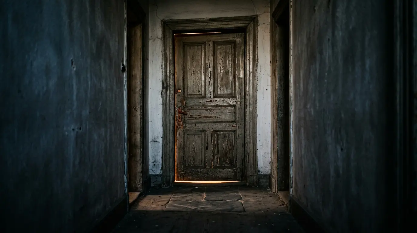 Old worn closed door at the end of a dark hallway, symbolizing a locked hidden room in a recurring house dream