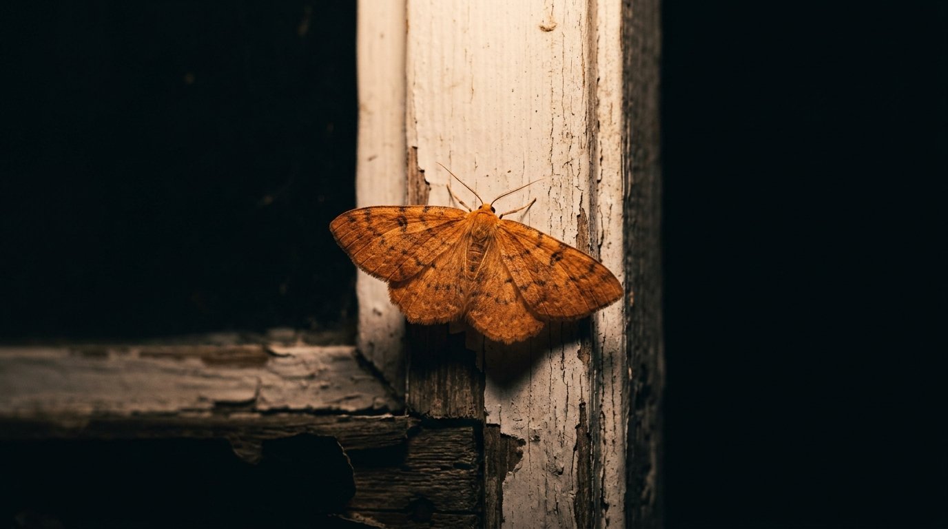 orange moth on a porch doorframe under dim light, symbolizing threshold meaning and night symbolism