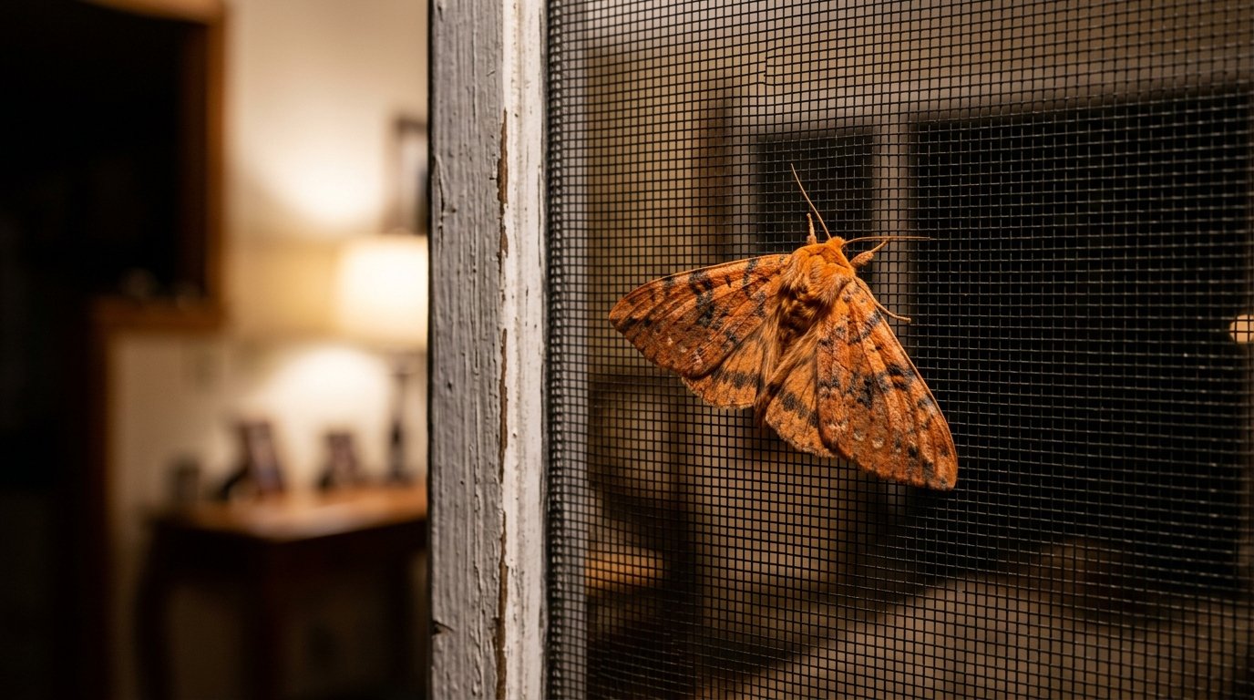 orange moth resting on a porch screen at night, showing a symbolic boundary in orange moth meaning