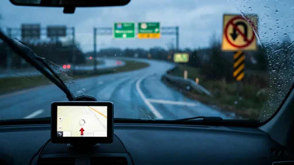 wrong-turn road sign beside a recalculating GPS route on a rainy street