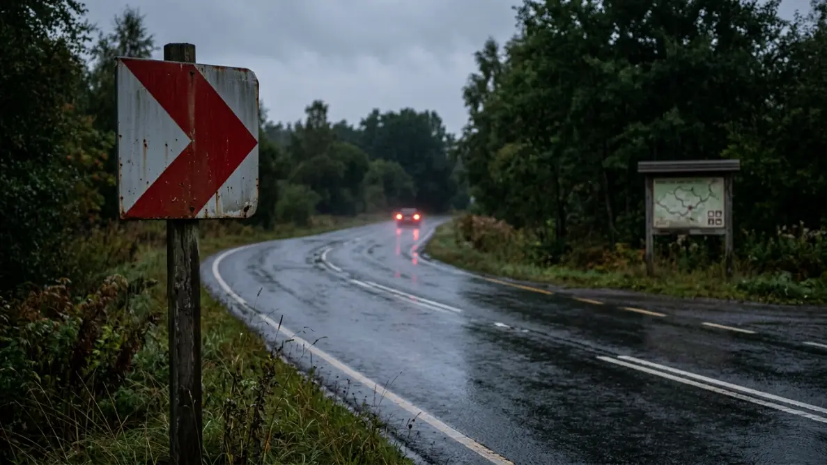 wrong-turn road sign at a quiet detour where the route changes unexpectedly