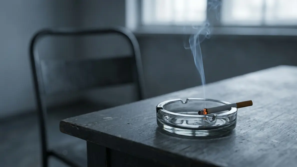  a lit cigarette burning by itself in an ashtray in an empty room with smoke rising and no one smoking, evoking a phantom cigarette smell after a loss