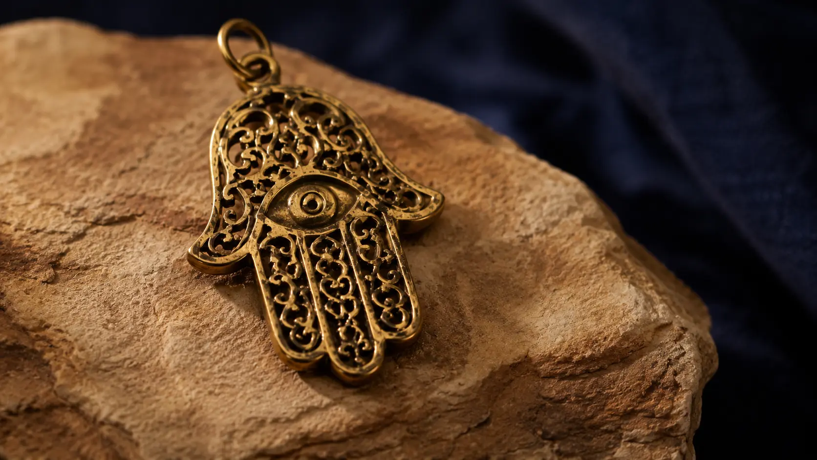 Hamsa hand amulet facing downward with fingers pointing toward the earth, resting on muted sand-colored stone with warm golden lighting and indigo background