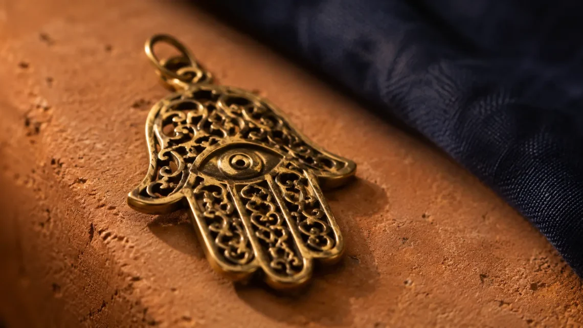 hamsa hand facing up or down meaning — close-up of a golden hamsa amulet on a terracotta surface with warm lighting and indigo background