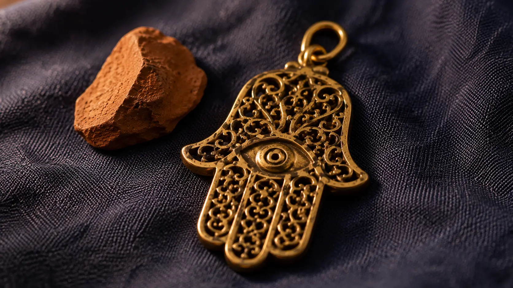 Hamsa hand amulet facing upward with fingers pointing to the sky, photographed against a deep indigo surface with warm terracotta tones and aged gold details