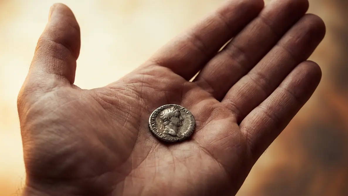open left palm with an antique silver coin resting at the center, illustrating the Romani origin of the left palm itching money superstition