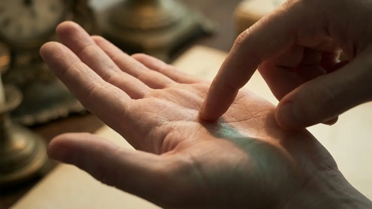 side-angle view of a left palm being gently scratched by the right index fingertip, representing the cultural readings of left palm itching as a money sign