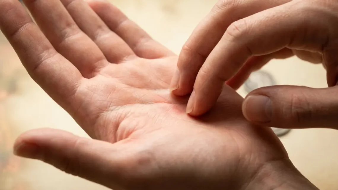 person scratching the center of their left palm with the fingertips of the right hand, illustrating the spiritual meaning of left palm itching linked to money coming in