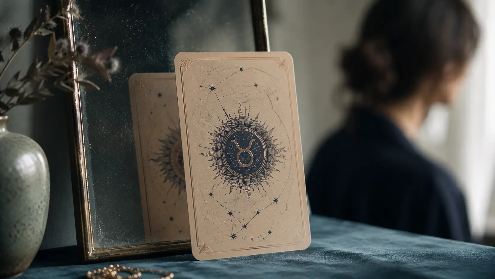 printed zodiac sun-sign card propped against a mirror while a blurred figure turns away, representing not identifying with your star sign