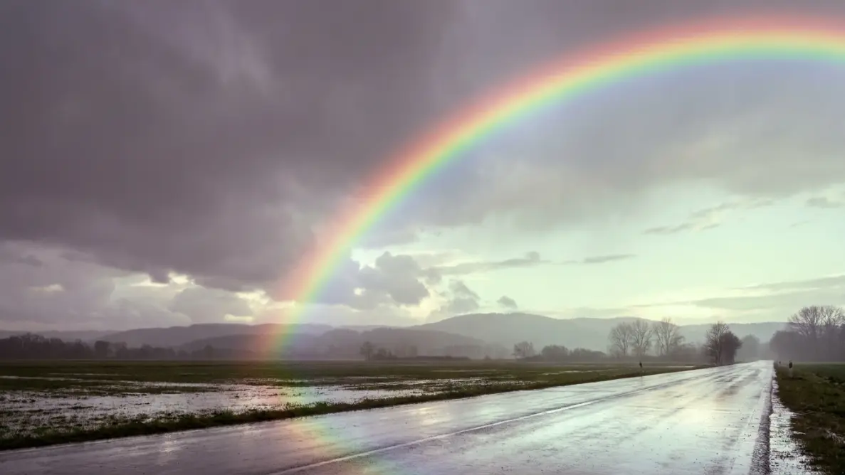 ainbow spanning a living landscape after a storm as a symbol of covenant, continuity and hope after prayer