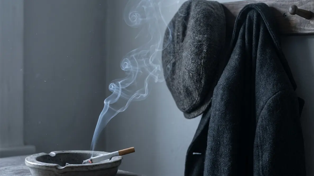 smelling cigarette smoke when no one is smoking, a lit cigarette smoldering in an ashtray beside an old coat and cap in an empty room