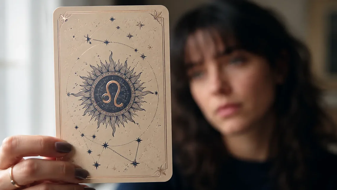 printed zodiac sun-sign card held in front of a blurred face that doesn't match it, illustrating the question why don't I relate to my zodiac sign