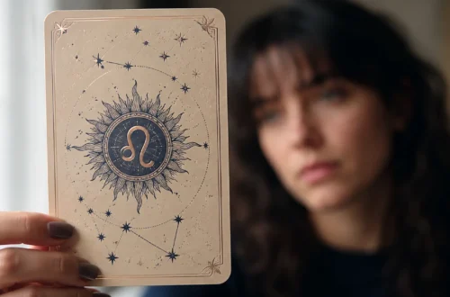 printed zodiac sun-sign card held in front of a blurred face that doesn't match it, illustrating the question why don't I relate to my zodiac sign