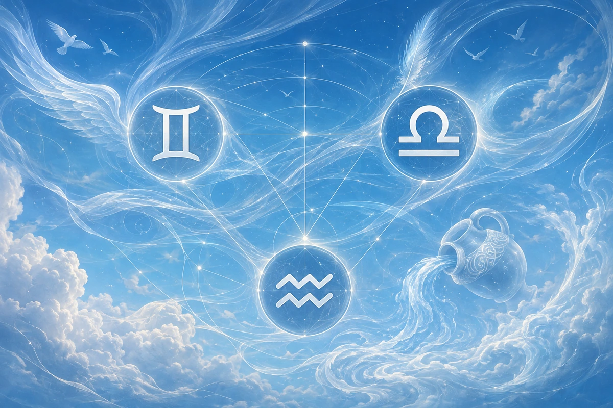 Air element with Gemini, Libra, and Aquarius zodiac symbols