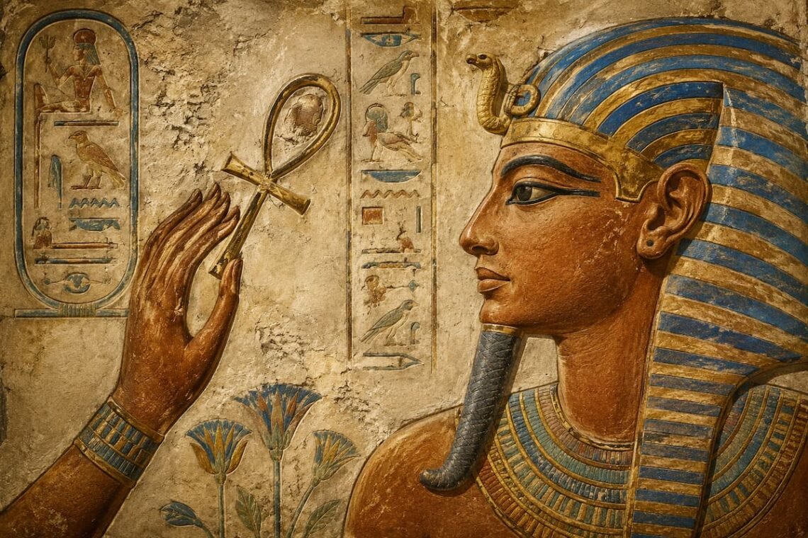 Ancient Egyptian relief showing an ankh symbol beside a hand