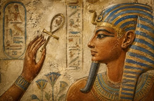 Ancient Egyptian relief showing an ankh symbol beside a hand