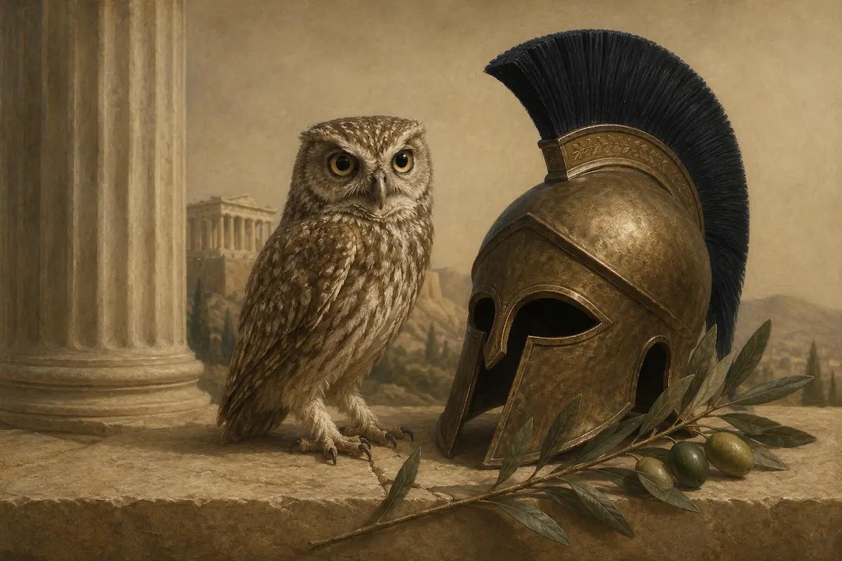 Editorial illustration of an owl beside an Athena-inspired helmet and olive branch