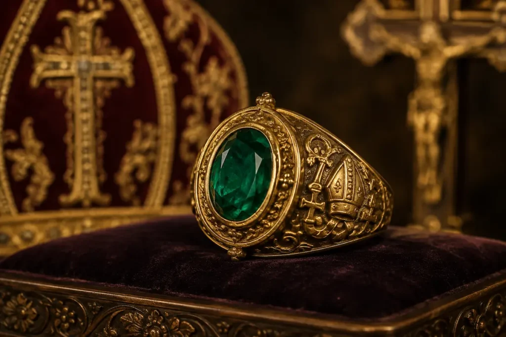 Ornate gold bishop-style ring with a large green gemstone