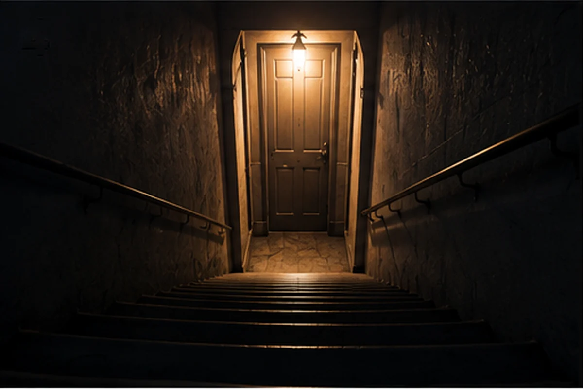 Staircase descending toward a lower floor in a dim dreamlike setting