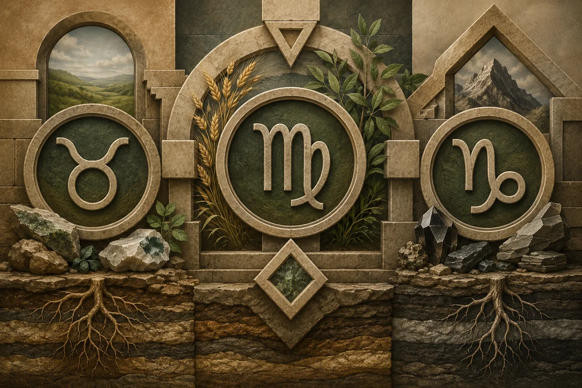 Earth element with Taurus, Virgo, and Capricorn zodiac symbols