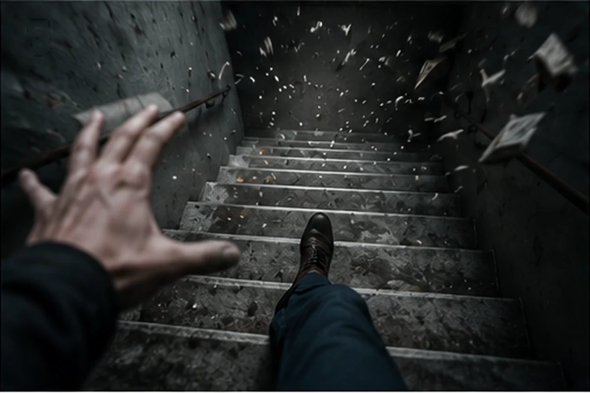 Tilted view of a staircase suggesting a sudden loss of balance in a dream