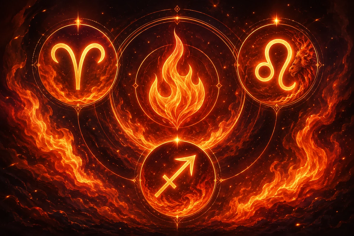Fire element with Aries, Leo, and Sagittarius zodiac symbols