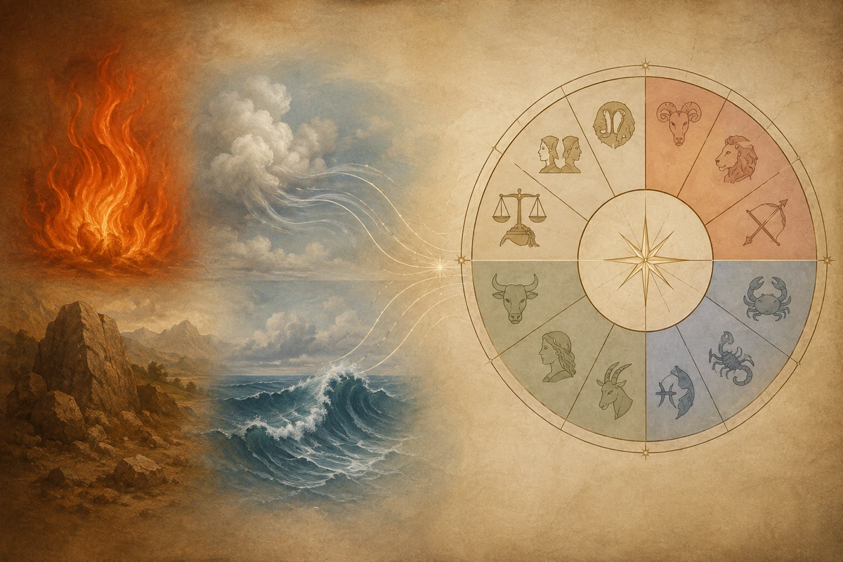 Editorial illustration connecting the classical four elements with zodiac triplicities