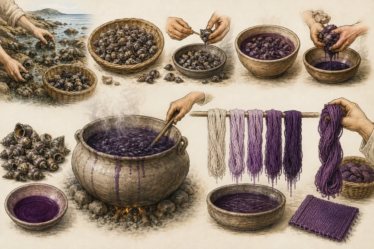 Sea-snail shells, dye vessel, yarn, and purple textile illustrating historic dye production