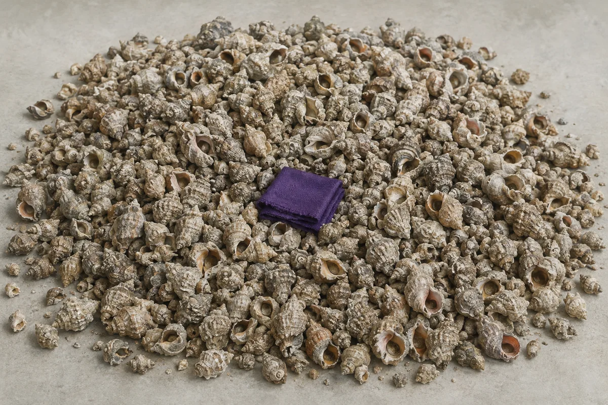 Many sea-snail shells beside a small piece of deep purple dyed cloth
