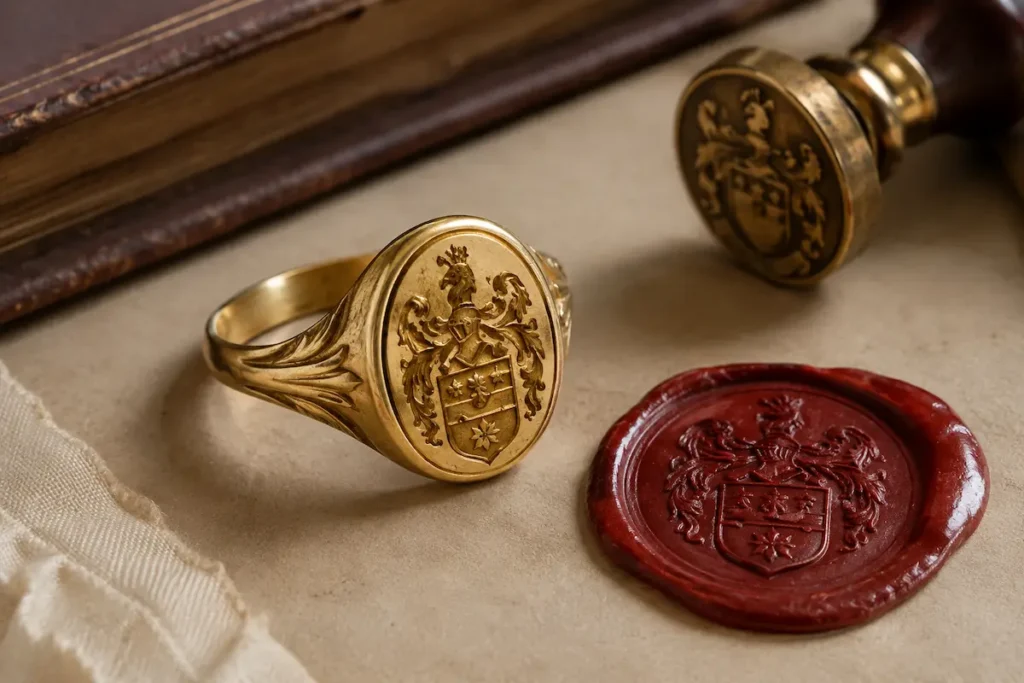 Gold signet ring with an engraved family crest beside a wax seal
