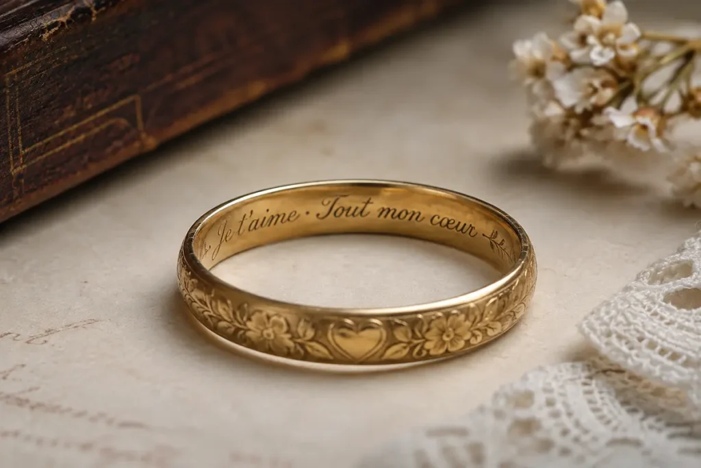 Historical gold love ring with an engraved promise inside the band