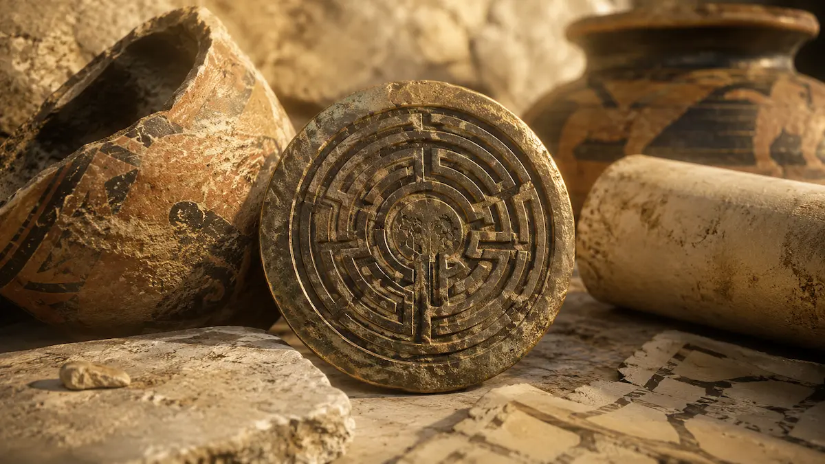 Ancient Greek-style medallion with a labyrinth design inspired by Knossos coinage