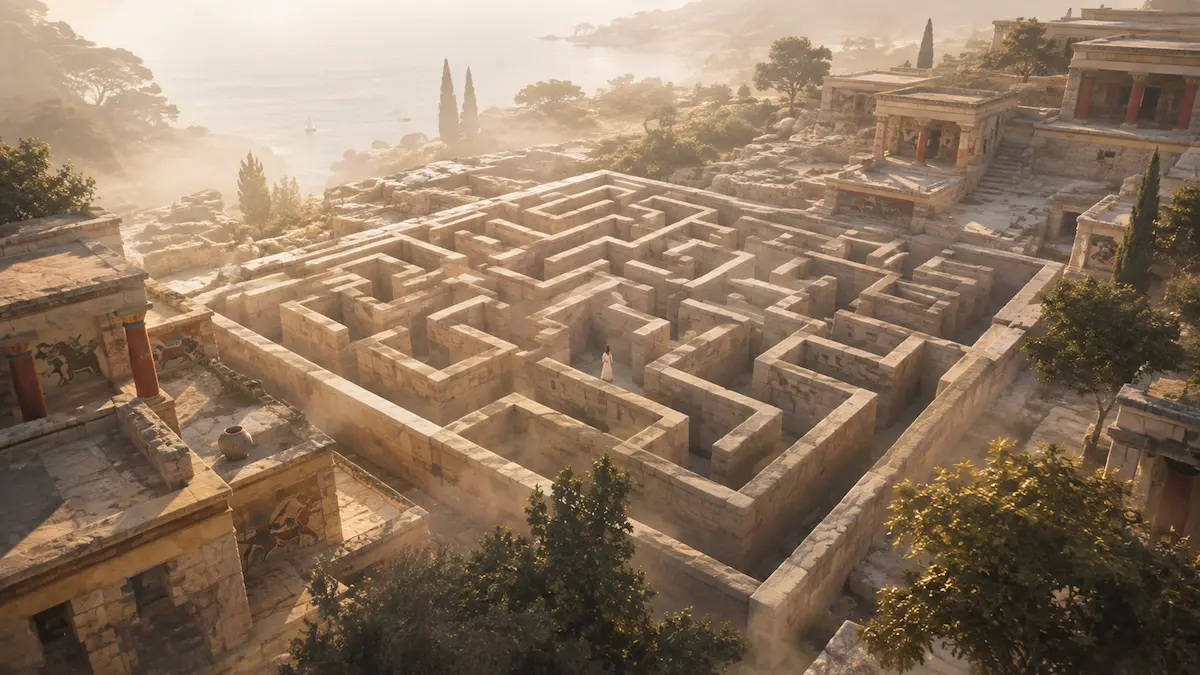 Artistic reconstruction inspired by ancient Knossos with a high-walled stone labyrinth