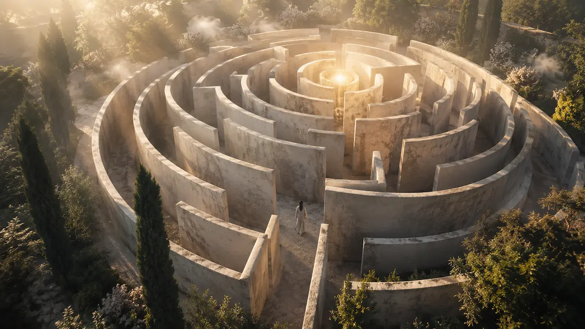 Labyrinth symbol meaning illustrated by a person walking through a high-walled stone labyrinth toward a luminous center