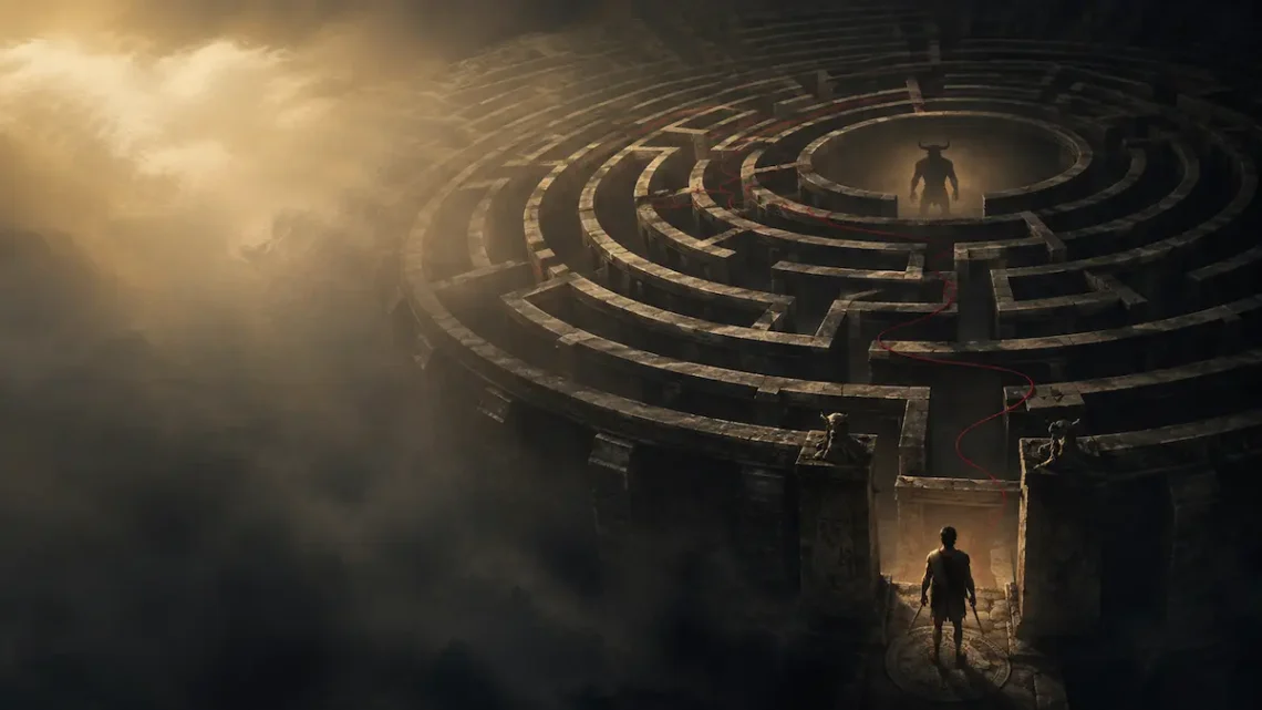 Person walking a labyrinth toward a luminous center in a peaceful setting
